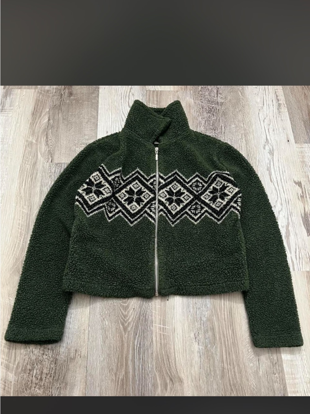 Forest Green Sherpa Zip Jacket with Nordic Pattern